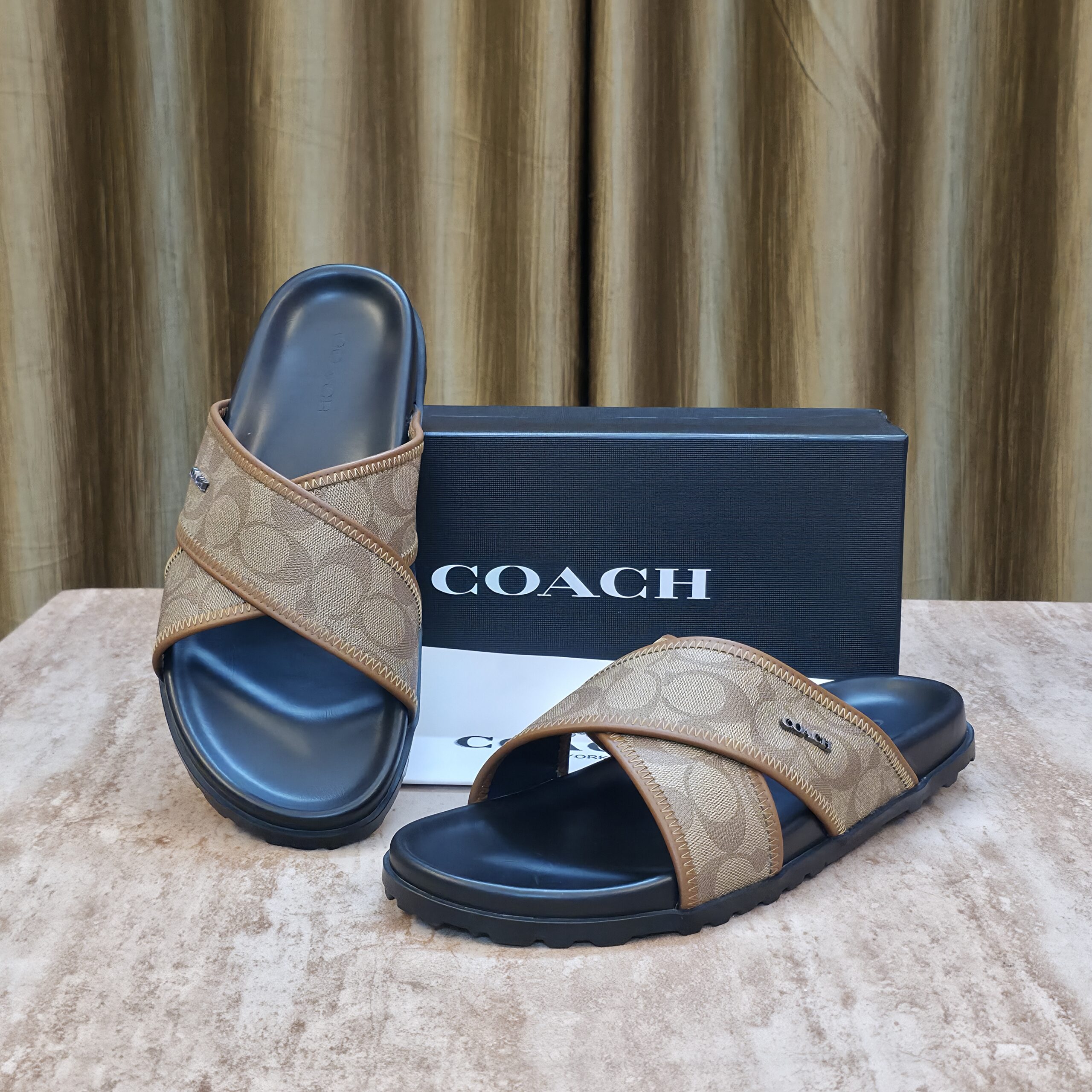 Coach Criss Cross Brown Slides